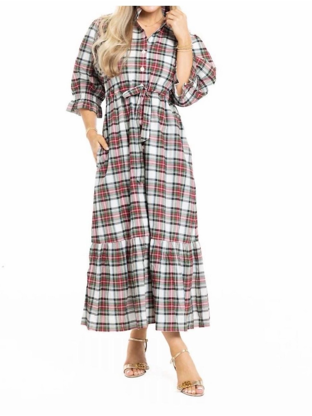 Holly Shae Design Catherine Holiday Plaid Tiered Midi Maxi Dress M/L